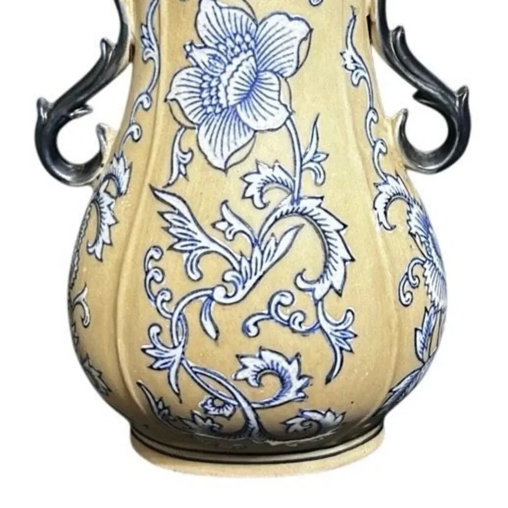 Vintage Formalities By Bauym Bros. Stoneware Vase Medium Blue Tan Floral Ceramic